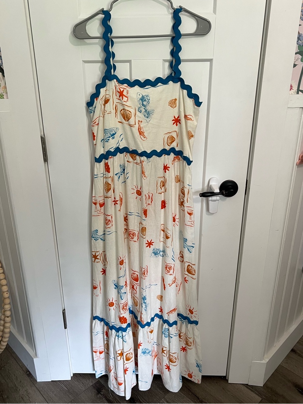 CeCe Cream Maxi Dress with Blue Trim and Multicolor Shell Print